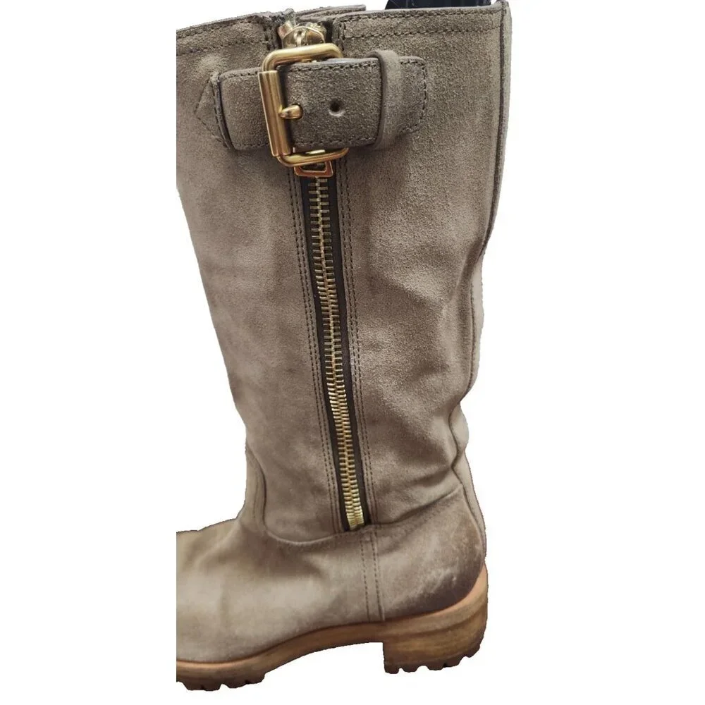 Prada Suede Mid Calf Moto Boots 37.5 Beige Taupe Leather Lined Lug Sole Side Zip - Picture 5 of 15
